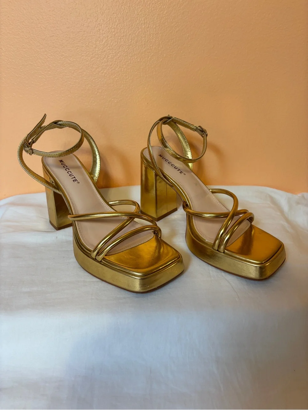Metallic Gold Platform Block Heel Sandals
